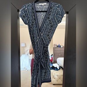 Max Studio Navy Printed Wrap Midi Dress with Tie